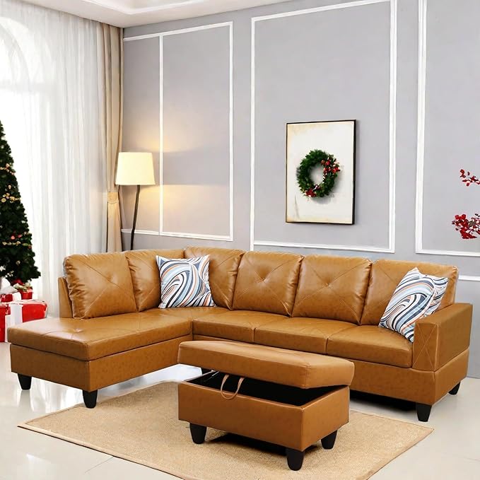 FONTOI L Shaped Sectional Couch with Otttoman 97 Leather Sectional Sofa for Living Room Modular Couches with Cup Holders for Bedroom Apartments Ginger