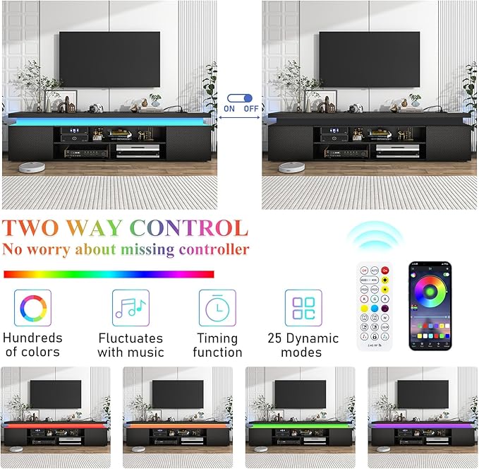 LED TV Stand for 95 Inch TV Modern TV Stand with Power Outlet TV Console Entertainment Center with Storage and LED Lights for Living Room Bedroom (83 Inch Black Carbon Fiber)