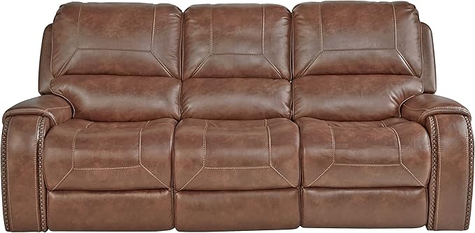 Roundhill Furniture Achern Leather Air Nail head Manual Reclining Sofa with Storage Console Brown
