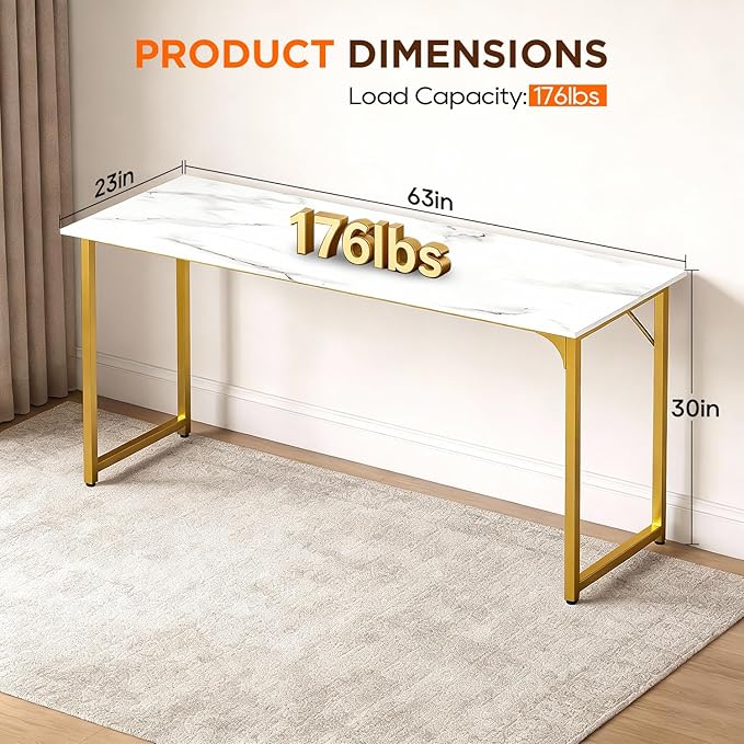 PayLessHere | 63 Inch Computer Desk | White Gold | Office Desk with Metal Frame Adjustable Feet | Water-Resistant Scratchproof Surface | Sturdy Writing Table for Home Office or Study | Pack of 1