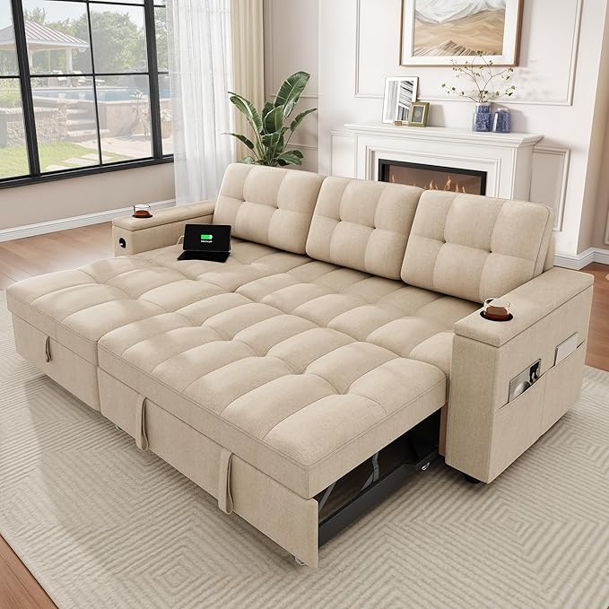 YITAHOME Sleeper Sofa L-Shaped Sofa Couch Bed with Storage Chaise &amp USB Reversible Sleeper with Pull Out Bed 4-Seat Fabric Convertible Sofa 2-in-1 Pull Out for Living Room Beige