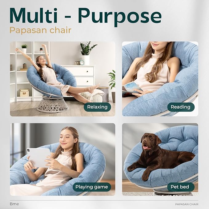 Bme 40 Ergonomic Wicker Papasan Chair with Soft Thick Cushion &amp Frame 360° Swivel Circle Reading Comfy Chair for Living Room Bedroom