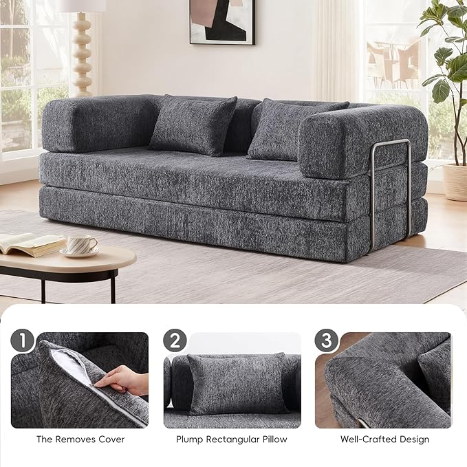 5-in-1 Convertible Folding Sofa Bed 79 Queen Chenille Boneless Couch with Removable Armrests No Assembly Loveseat Sleeper Sofa Modular Futon Couch for Living Room &amp Bedroom Dark Grey