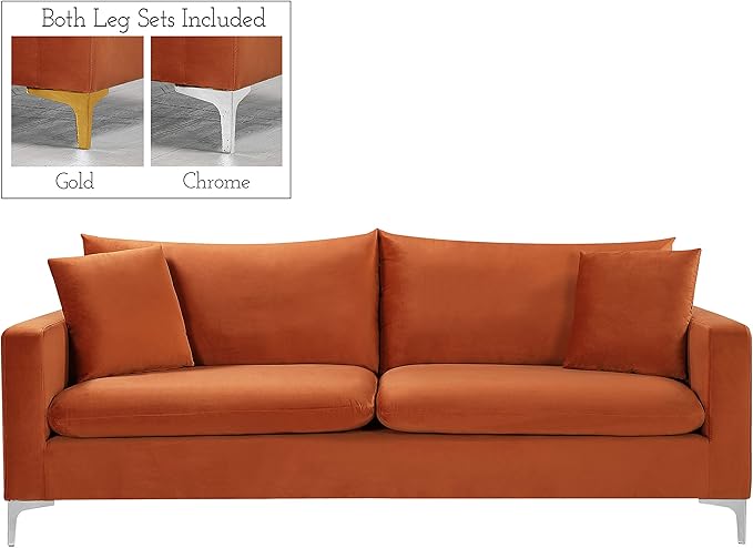 Meridian Furniture 633Cognac-S Naomi Collection Modern | Contemporary Velvet Upholstered Sofa with Deep Channel Tufting and Rich Gold Stainless Steel Legs Cognac 81.5 W x 33.5 D x 30 H
