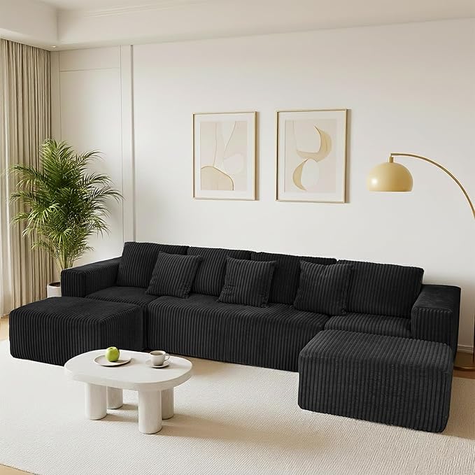 132 Cloud U-Shaped Sectional SofaModular Boneless Couch with OttomanCorduroy 4-Seater Couch for Living RoomNo Assembly RequiredDeep SeatPlush Cushion Back (Black)