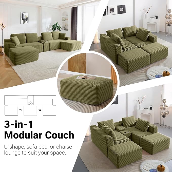 150 Inch Modular Sectional Sofa Couch Oversized Modern Cloud Couch for Living Room U Shape Couches with 2 Ottomans USB Ports and Cup Holders Green Corduroy Boneless Sofas Sofa in a Box