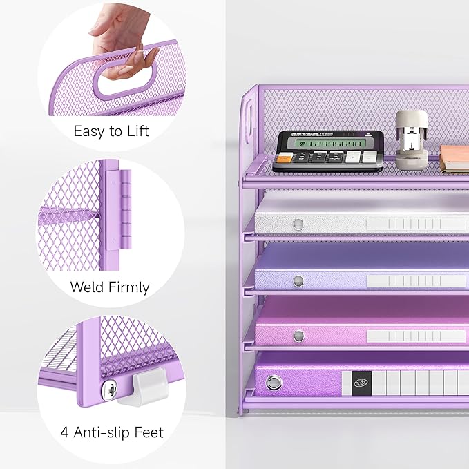 Lavatino Desk Letter Tray Paper Organizer 5-Tier with Handle Metal Mesh Desktop File Organizer Paper Holder for Classroom Office Desk Accessories- Purple