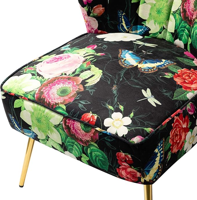 TINA'S HOME Armless Accent Chair with Gold Metal Legs Comfy Tufted Floral Fabric Living Room Chair Wingback Small Side Chair Upholstered Slipper Chair for Bedroom Reading Room (Print Flower BLACK)