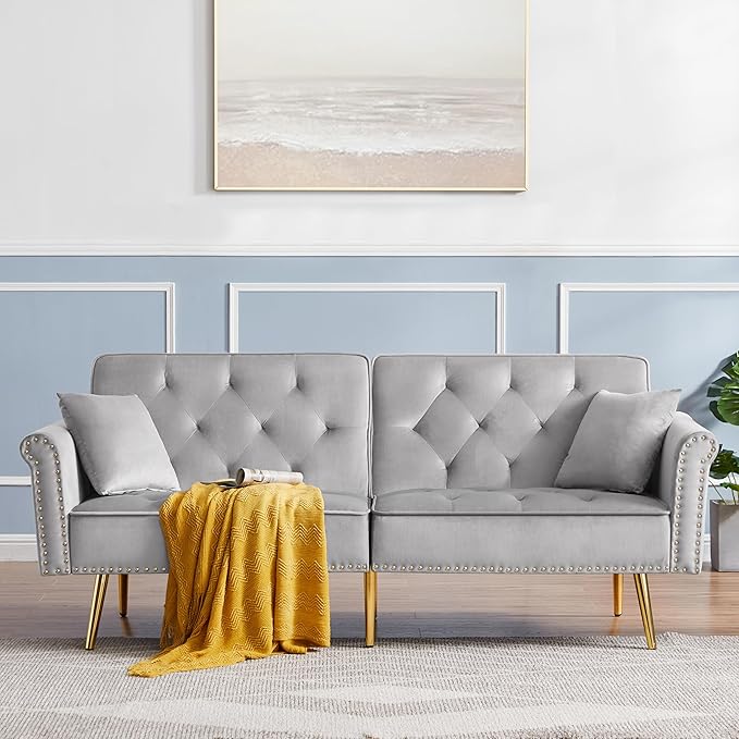 69.6 Velvet Tufted Sofa Couch Copper Nail Decoration Accent Sofa with Metal Legs 2 Pillows &amp Nailhead Trim Convertible Futon Couch Sleeper Sofa Loveseat Futon Sofa Bed for Living Room