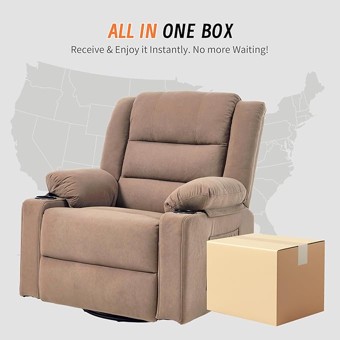 360°Swivel Rocker Recliner Chair for AdultsManual Glider Recliner Sofa with Massage and Heating Nursery Rocking Chairs with Cup Holds for Living Room Bedroom (Light Mocha)