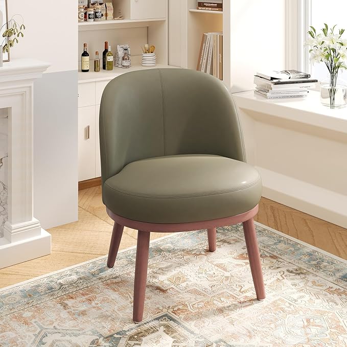 Accent Chair Set of 1 PU Leather Mid-Century Modern Chair for Small Space Comfy Upholstered Armless Chair for Living Room Bedroom Olive Green