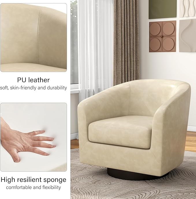 Swivel Barrel Accent Chair Modern Round Faux Leather Arm Chair for Living Room Bedroom Comfy Club Reading Chairs for Adults(Faux Leather Cream Set of 2)