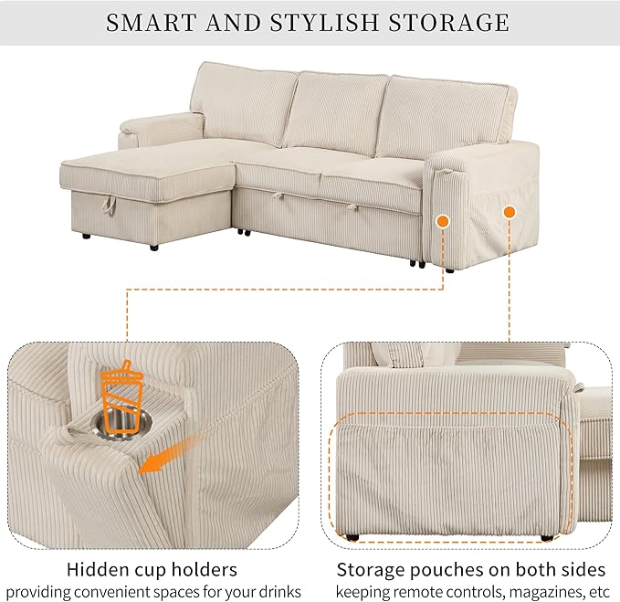Sleeper Sofa 96 Corduroy 2-in-1 Pull Out Sofa Bed Convertible Sofa Bed Couch with Storage Chaise L Shaped Sofa with Hidden Cup Holders 3 Seater Sofa for Living Room Apartments Beige