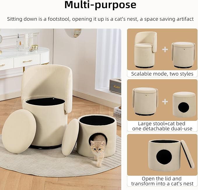 Round Vanity Chair with Storage &amp Cat Bed Stool Upholstered Small Swivel Accent Chair with Hidden Storage Makeup Barrel Chair for Bedroom Living Room (Stripes)
