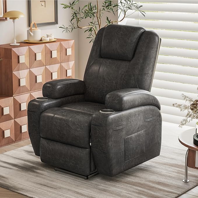Electric Power Lift Recliner Chair with Massage for Elderly Corduroy Fabric Recliner Single Sofa with Cup Holders Side Pockets and Remote Control for Living Room Bedroom (Leathaire Dark Gray)