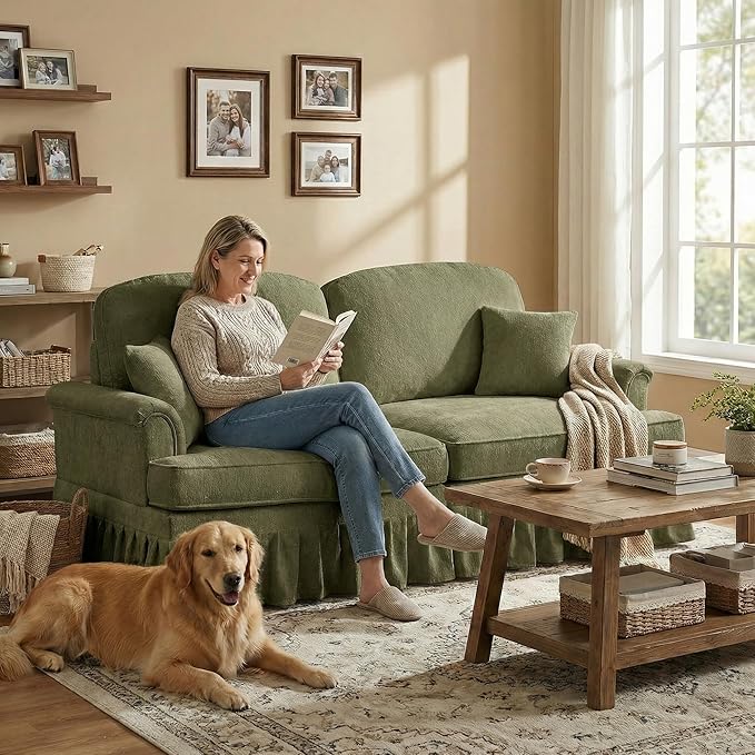 Casaphoria Mid-Century Modern Oversized Loveseat Sofa 2-Seater Chenille Couch with Removable Ruffle Skirt Flared Arms Spindle Legs &amp Throw Pillow for Living Room Apartment