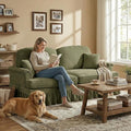Casaphoria Mid-Century Modern Oversized Loveseat Sofa 2-Seater Chenille Couch with Removable Ruffle Skirt Flared Arms Spindle Legs &amp Throw Pillow for Living Room Apartment