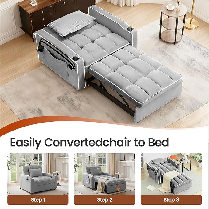 Convertible Sleeper Chair Pull Out Chair Sleeper with Bracket and Cup Holder 3 in 1 Sofa Bed Chairs for Adults Chairs Bed Sleepers for Small Spaces Living Room Light Gray