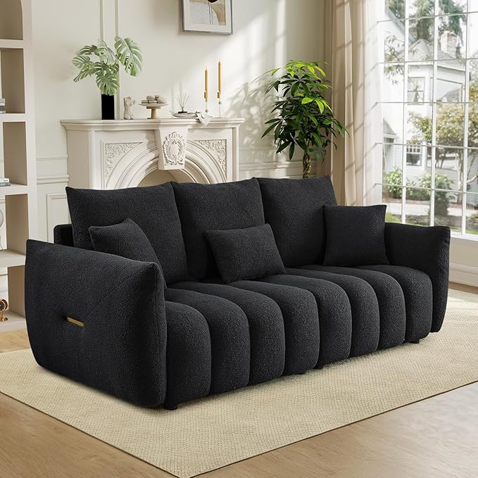 Modern Cloud Sofa Couch Set 2 Pieces Teddy Bouclé Couch and Loveseat Sets Tufted Upholstered Deep Seat Fluffy Comfy Couch Furniture Sets for Living Room Bedroom(Armchair+3 Seater Sofa Black)