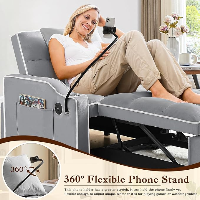 KINFFICT Sleeper Sofa Chair Bed Convertible 3-in-1 Armchair Adjustable Sleeper Chair with Pullout Bed Single Lounger Futon with Side Pockets for Living Room (Grey)