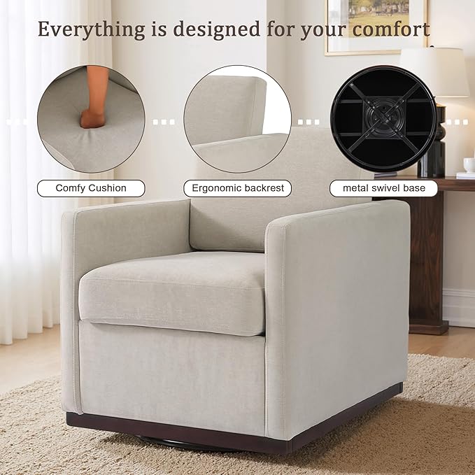 Swivel Accent Chair 360° Swivel Upholstered Club Armchairs for Living Room 31 Wide Square Single Sofa Reading Chair with Deep Seat Metal Swivel Base Chenille Fabric Sand