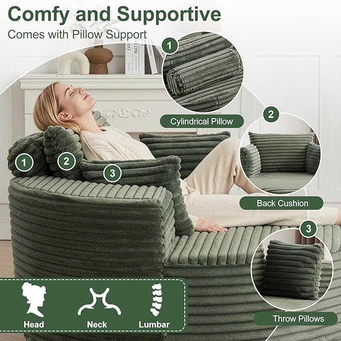 55 Oversized 360 Degree Swivel Chair Modern Round Chair Lounge Upholstered Corduroy Swivel Accent Chair with Deep Seat Comfy Fluffy Sleeper Sofa for Living Room Bedroom Apartment (Green)