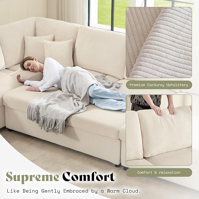 AMERLIFE 129 Inch Sectional Couches for Living RoomSectional Couch with Storage &amp OttomanModular Sectional Sofa Converts to SleeperCloud Couch Sectional for Large Space with CorduroyOff-White