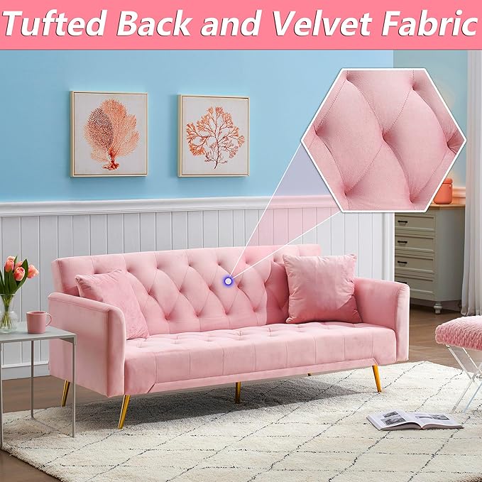 71 Pink Futon Sofa Bed Couch: Velvet Fabric Memory Foam 2 Pillows Gold Metal Feet Adjustable Tufted Backrest Convertible Folding Sleeper Loveseat for Living Room Bedroom Apartment (Pink)