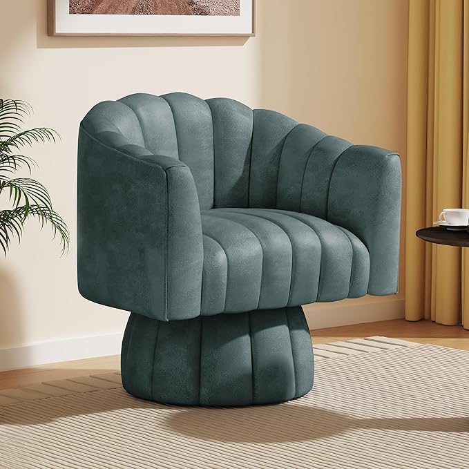 Modern 360 Degree Leather Swivel Cuddle Barrel Accent Sofa Chairs Round Armchairs with Wide Upholstered Leather Reading Chair for Living Room Bedroom Office Waiting Rooms (Navy)