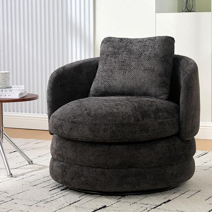 30 W Modern Round Swivel Barrel Accent Chair with Pillow Chenille Upholstered Single Club Sofa Chair for Living RoomBedroom Reading Room Balcony Lounge (Dark Gray)