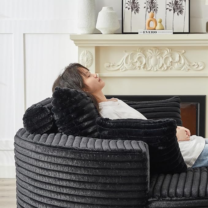 55 inch Chaise Lounge Chair Indoor Oversized Round Accent Chair Modern Corduroy Sponge Single Sofa Fluffy Sleeper Chair Deep Seat Comfortable Chair for Living Room Bedroom Apartment Black
