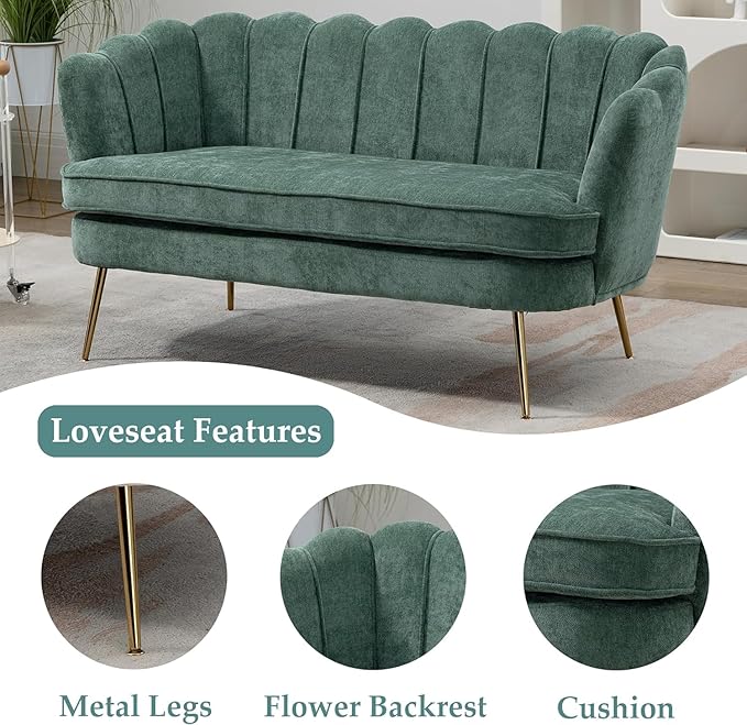 59 Wide Modern Boucle Loveseat Small Sofa Small Mini Room Couch 2-Seater Sofa with Gold Metal Legs for Space Office Studio Apartment Bedroom (Green)