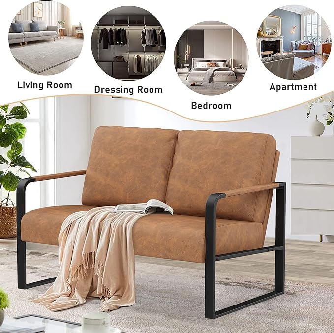 Love Seat Mini Couch Small Settee Loveseat Bench for Living Room Faux Leather Loveseat Sofa Couches for Small Spaces with Padded Cushion Mid Century Modern Light Brown Love Seats