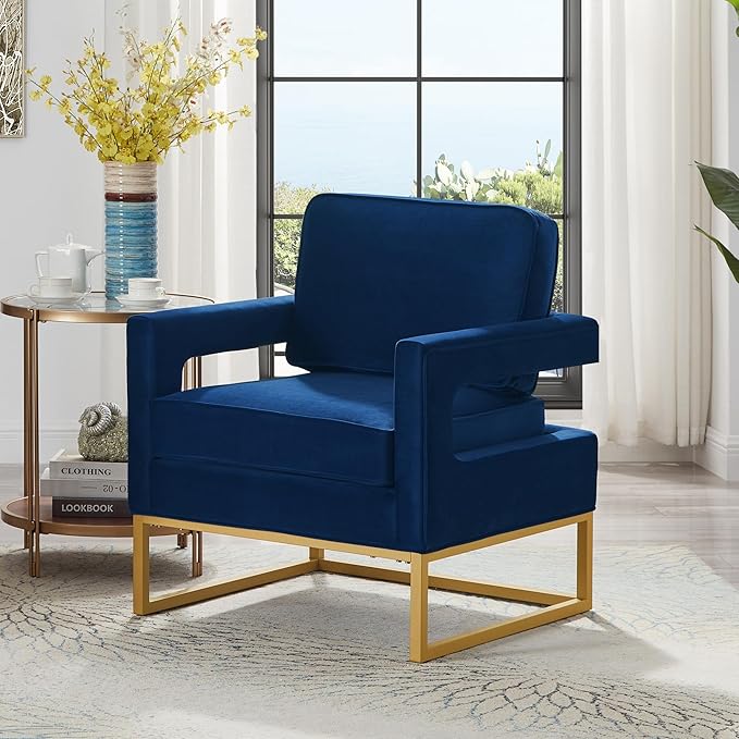 Accent Chair Modern Velvet Upholstered Leisure Chair Sofa Chair Style Accent Chair with Gold Metal Base for Living Room/Bedroom/Study/Home Office (Navy)