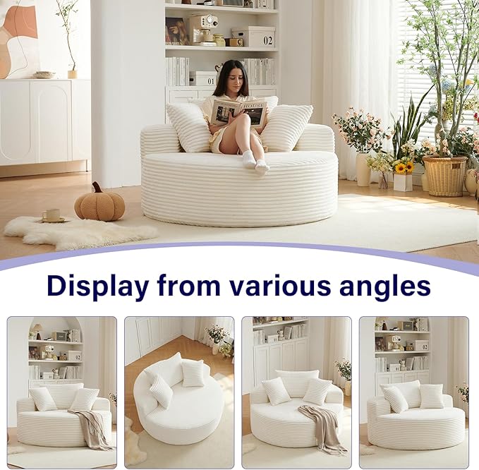 55''L Oversized Round Chaise Longue Chair Indoor Corduroy Sponge Single Sofa Oversized Round Chairs Modern Sleeper Chair for Living RoomProjection Room Wide Armrest Chairs Beige
