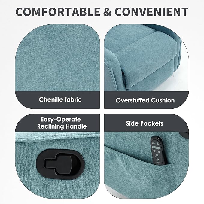 Swivel Rocker Recliner Chair 360° Swivel Recliner with Heat and Massage Rocker Recliner Easy to Clean Nursery Glider Recliner Chair with Side Pockets for Living Room Mint Green