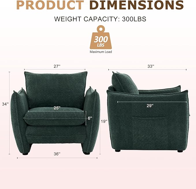 Oversized Accent Chair Modern Single Sofa Cloud Chair with Removable Pillow Deep Seat Comfy Armchair for Living Room Bedroom Reading Nook - Upholstered Lounge Chair (Forest Green Set of 1)