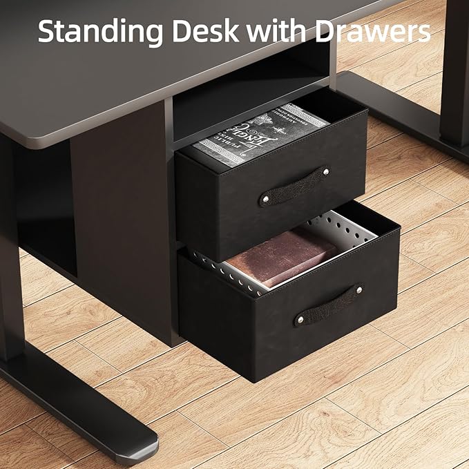 63x24 Inches Standing Desk with Drawers Electric Computer Desk with Open Storage Shelf Stand Up Desk Adjustable Height 28-46 Inches for Home and Computer Workstation Black