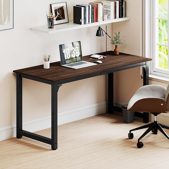 NSdirect Large Office Desk for Home Office Large 63” Computer Desk Table Wide Writing Study Desk for 2 Person Metal Sturdy Frame Thicker Steel Legs Black Chocolate