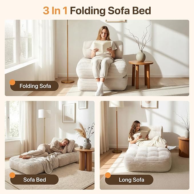 Boneless Chair Folding Sofa Bed with Pillow Sleeper Sofa with Back Support Sleeper Chair Portable Fold Out Chair Bed Comfy Foldable Mattress for Living Room Beige Single