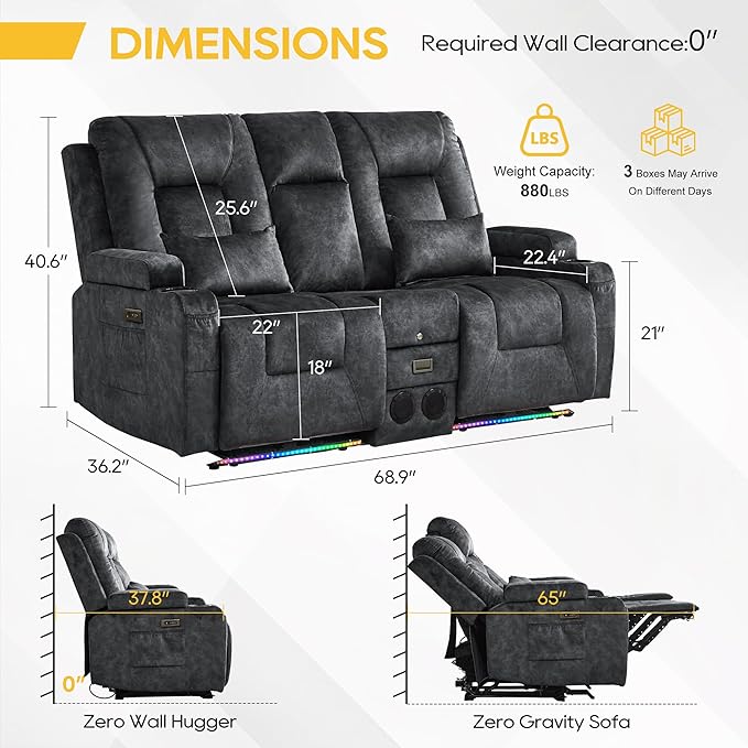 IPKIG Power Recliner Loveseat with Console Zero Wall Hugger Sofa Couch Velvet 2-Seater Sofa with LED Lights AC Outlets USB Ports Cup Holders Grey | Storage Drawer Bluetooth Speaker Living Room