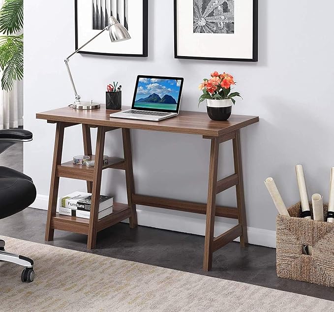 Convenience Concepts Designs2Go Trestle Desk 47 - Modern Desk or Vanity with Shelves for Office Dorm Living Room Cappuccino