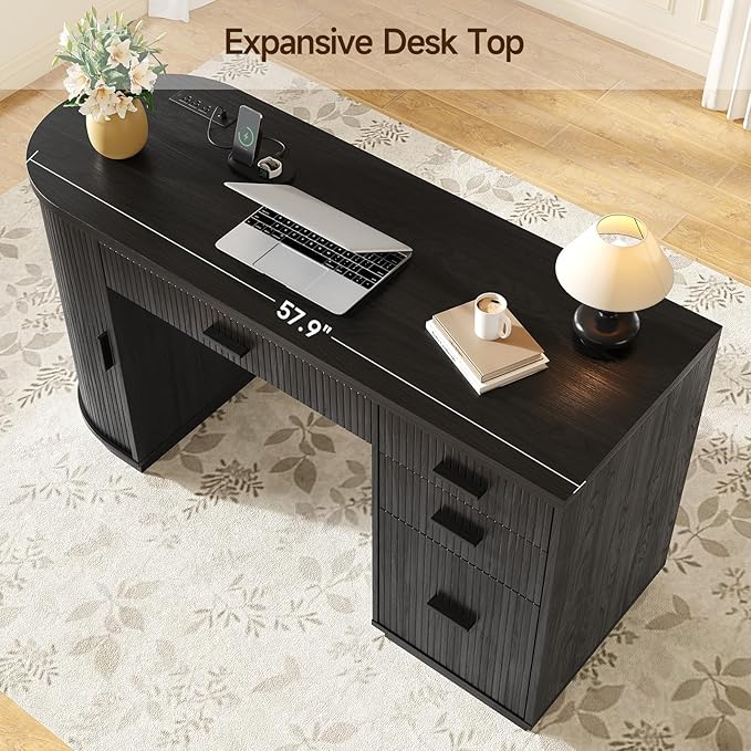 ONBRILL 58 Inch Fluted Executive Desk Computer Desk with Storage Drawers &amp File Drawer Modern Home Office Desk with Charging Station for Working Studying Writing Black