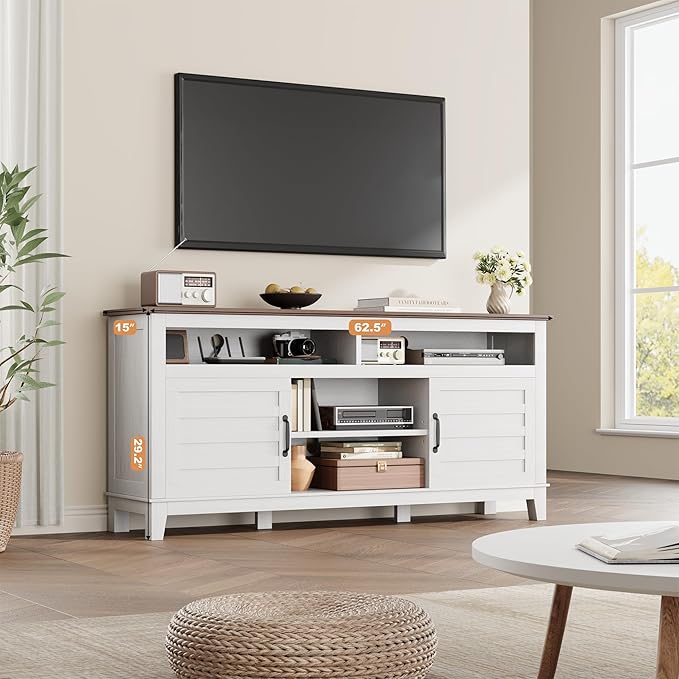 Garvee 63 Inch TV Stand Entertainment Center with Adjustable Shelves Farmhouse TV Stand with Cabinet Doorsfor Living Room