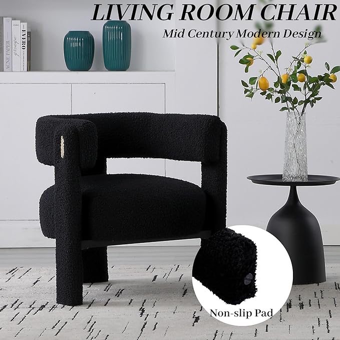 Wahson Modern Barrel Accent Chairs Set of 2 | Boucle Upholstered Armchair Single Sofa Side Reading Living Room Chair | Three Legs Black Sherpa