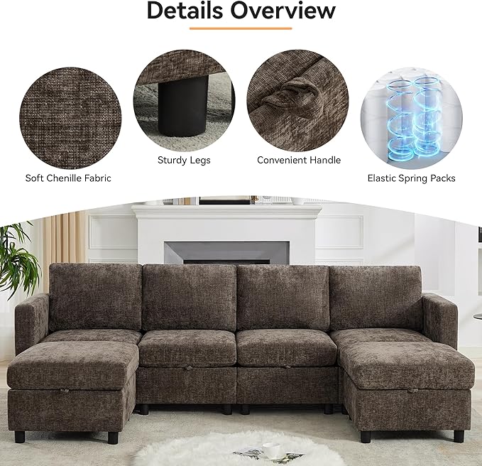 58'' Modular Sectional Loveseat Sofa Modern Love Seat 2 Seater Sofa Couch with Storage Chenille Modular Sectional Couch for Living Room Bedroom Office Small Apartment Brown