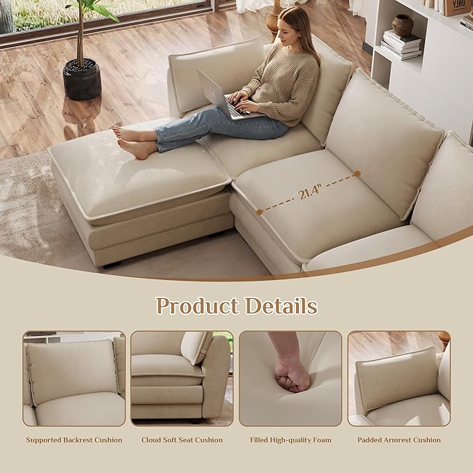 Oversized Modular Sectional Sofa103'' L Shaped Cloud Sectional Couches for Living Room Couch Sets for Living Room Deep Seat Sofa with Movable Ottoman (Light Brown)