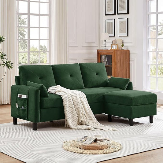 77 Convertible Sectional Sofa 3-Seat L Shaped Couch with Ottoman Modern Linen Upholstered Sofa Couches for Living Room Apartment and Small Spaces Green