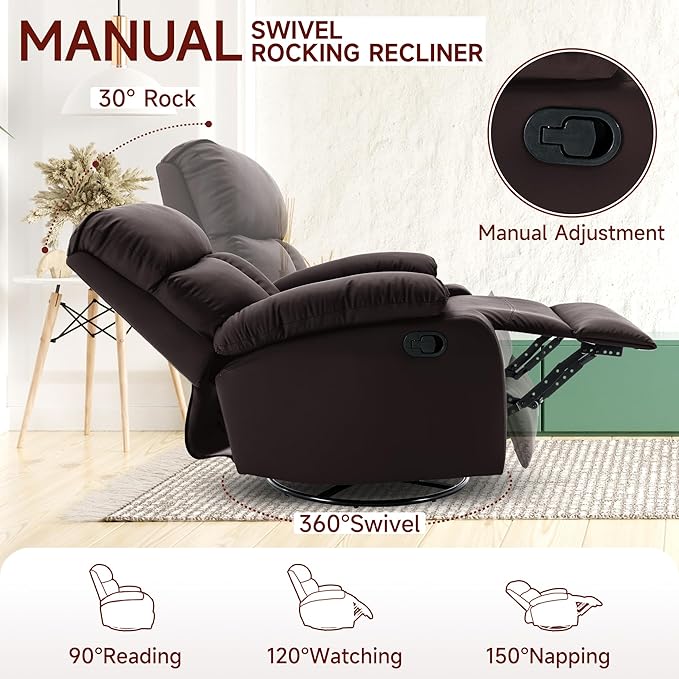 Swivel Rocker Recliner Small Recliners for Small Spaces with Overstuffed Arms and Back Manual Swivel Chairs for Living Room Nursery Bedroom Dark Brown