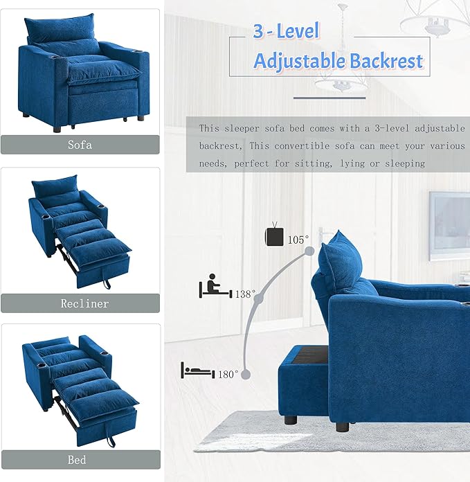 3-in-1 Convertible Sleeper Chair Velvet Pullout Chair with Cup Holders Recliner Sofa Bed with 3 Adjustable Angles Convertible Lazy Sofa Bed for Small Spaces Home Office Blue